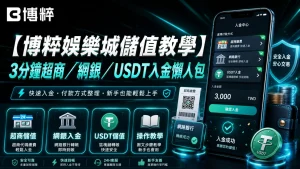 3A娛樂城儲值教學主視覺圖與超商、網銀、USDT入金懶人包手機介面。