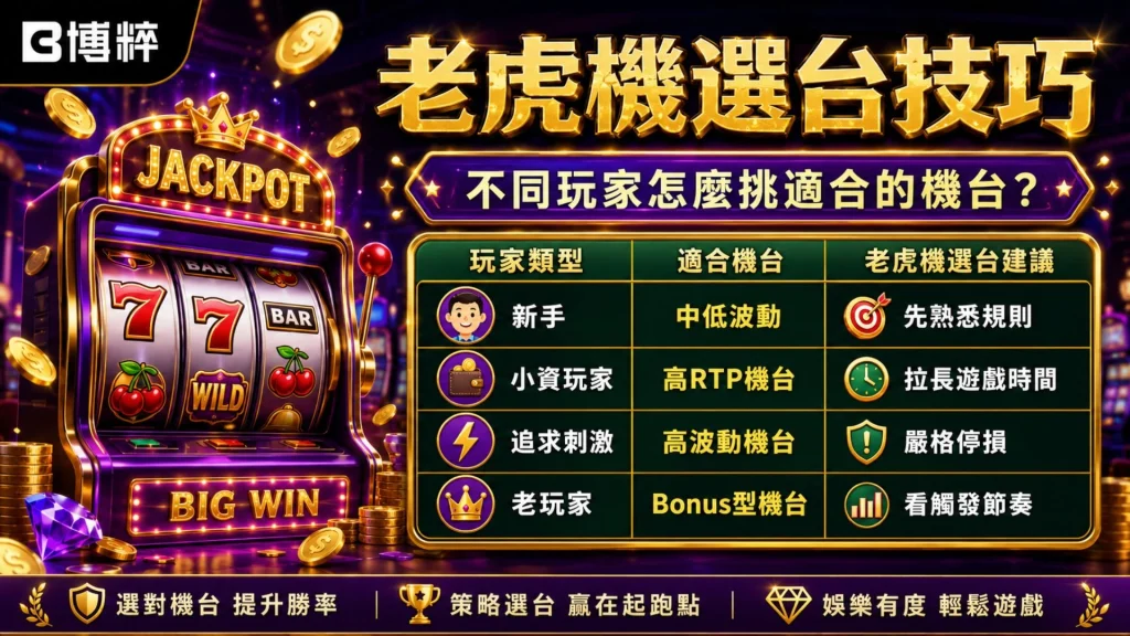 老虎機選台技巧圖表，包含不同玩家類型適合的線上老虎機選台指南。